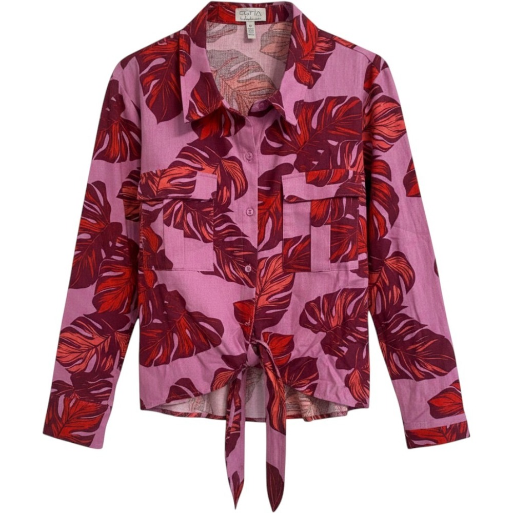 Sofia Vergara Pink Tropical Leaf Tie Front Button Down Shirt Size XL